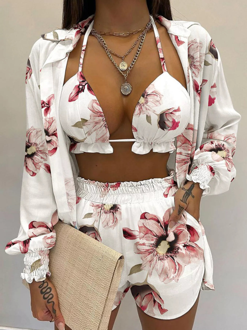Full Size Halter Neck Cami & Shirt & Shorts 3-Piece Outfit Set by Trendsi, white with pink floral print