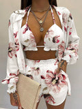 Full Size Halter Neck Cami & Shirt & Shorts 3-Piece Outfit Set by Trendsi, white with pink floral print