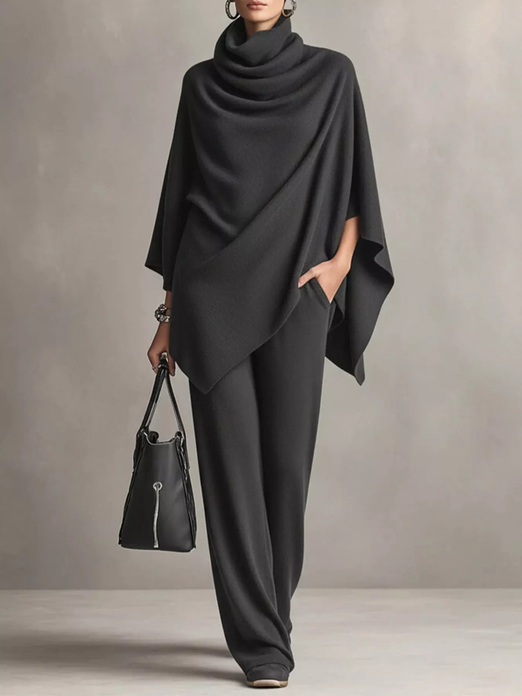 Turtleneck Poncho & Wide-Leg Pants Set in Charcoal Gray by Belle Bijouix – view 1 of 24