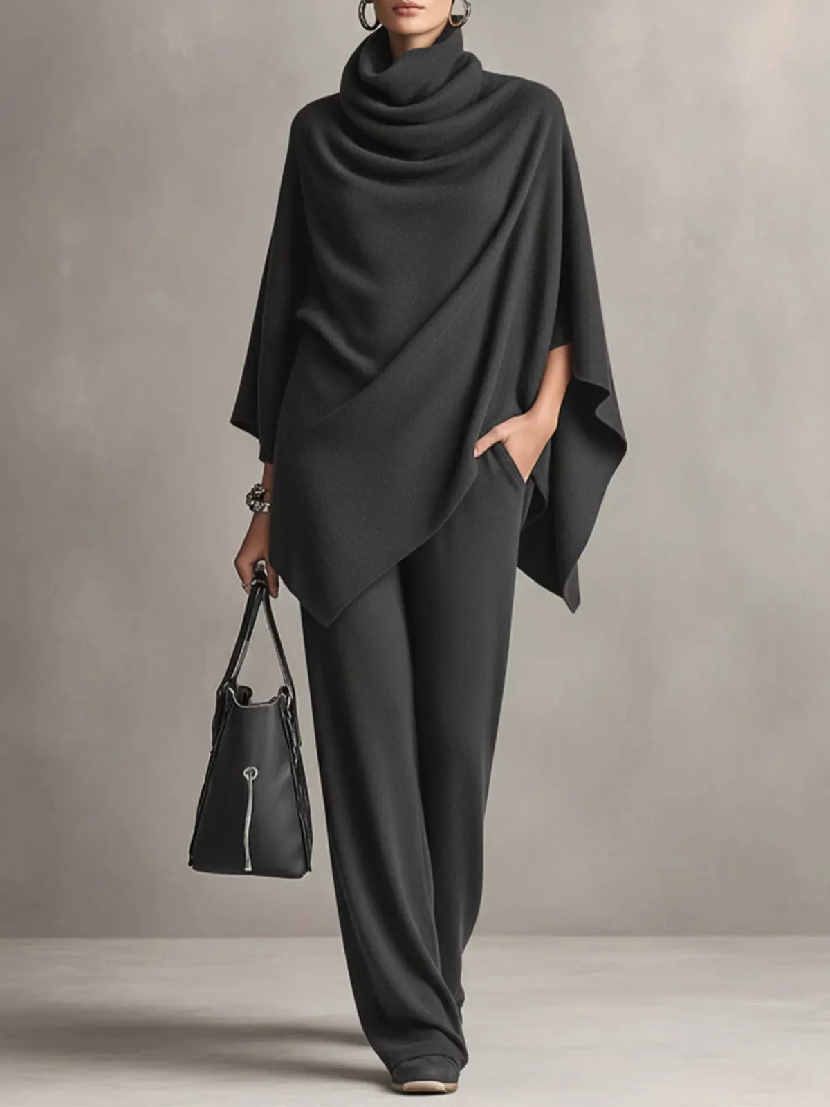Turtleneck Poncho & Wide-Leg Pants Set in Charcoal Gray by Belle Bijouix – view 1 of 24