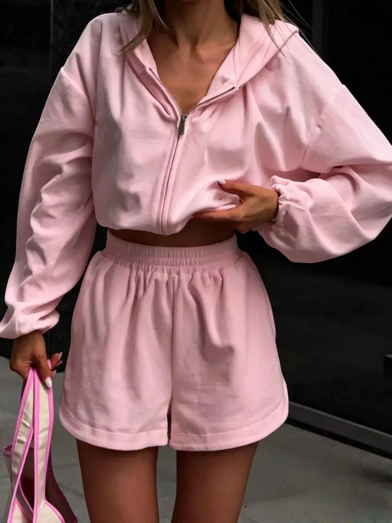 Belle Bijouix pink long-sleeve zip-up hoodie with matching shorts two-piece activewear set