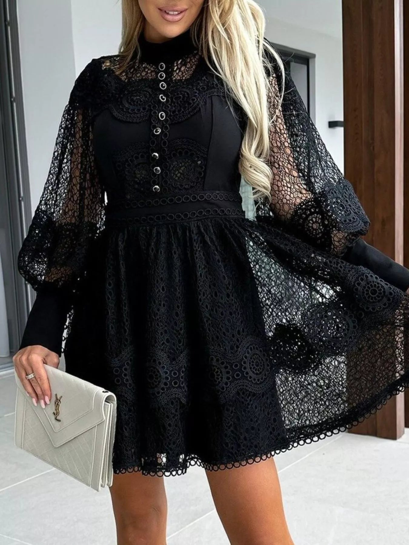 Lace Lantern Sleeve Mini Dress by Belle Bijouix in black lace with buttoned front and scalloped hem trim