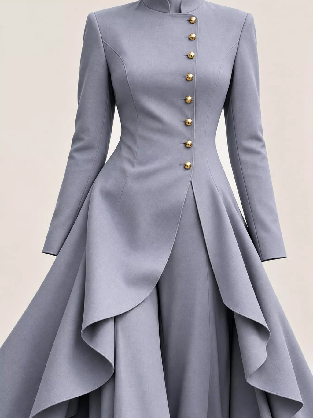 Ruffled High-Low Button Tunic & Wide-Leg Pants Set in Light Mist Gray by Belle Bijouix – view 81 of 82