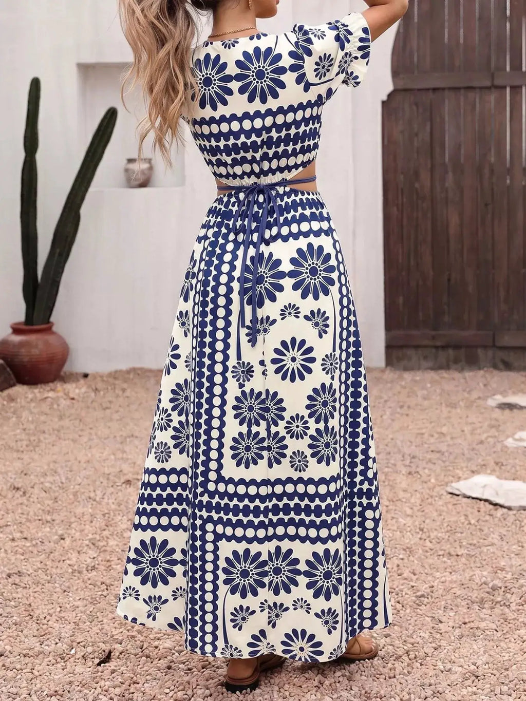 Floral Print Cutout Waist Maxi Dress with navy and ivory pattern and waist tie