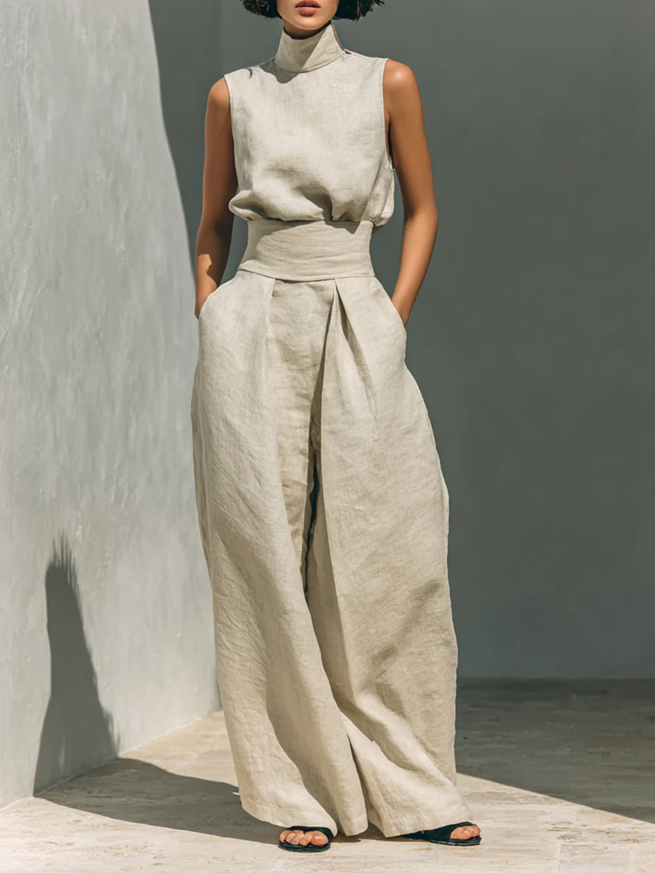 Two-piece Turtleneck sleeveless top and pants set in beige linen-look fabric; high-waisted wide-leg pants.