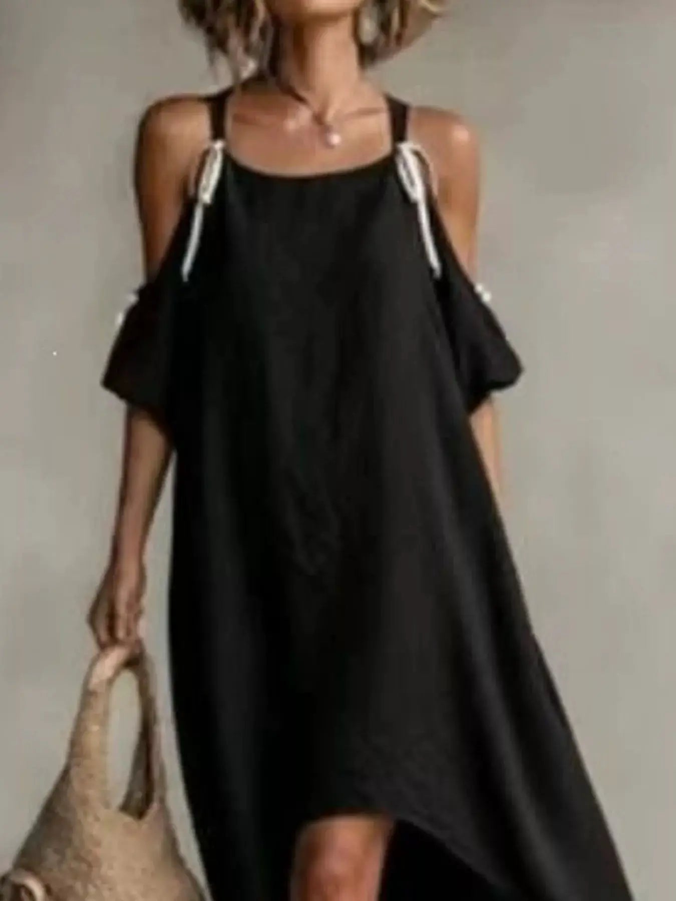 Trendsi High-Low Cold Shoulder Maxi Dress in black with white tie straps