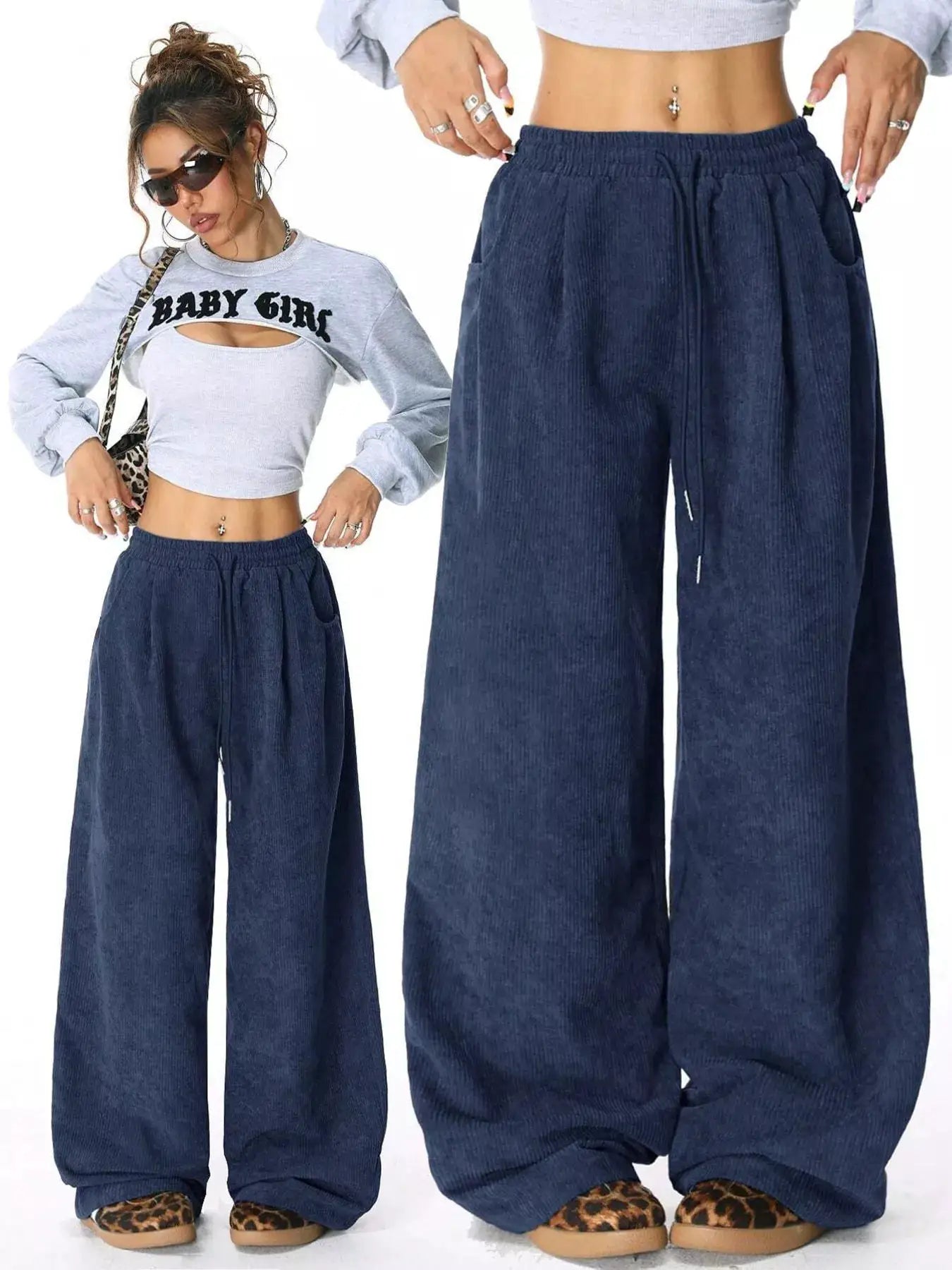 Pair of Casual Corduroy Wide-Leg Pants by Belle Bijouix, navy with drawstring waist and pockets