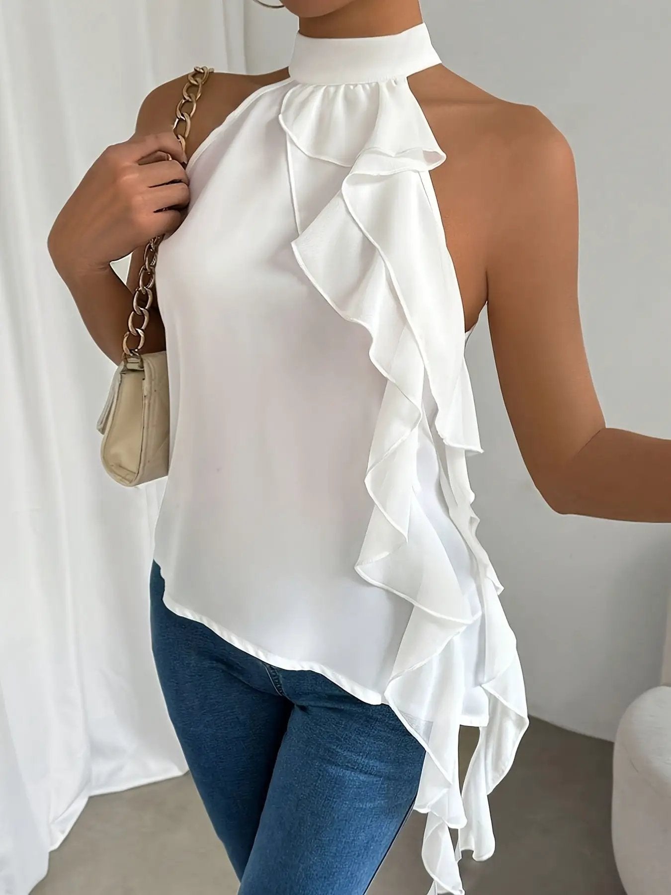 Ruffle Halter Neck Sleeveless Blouse, white, Trendsi
