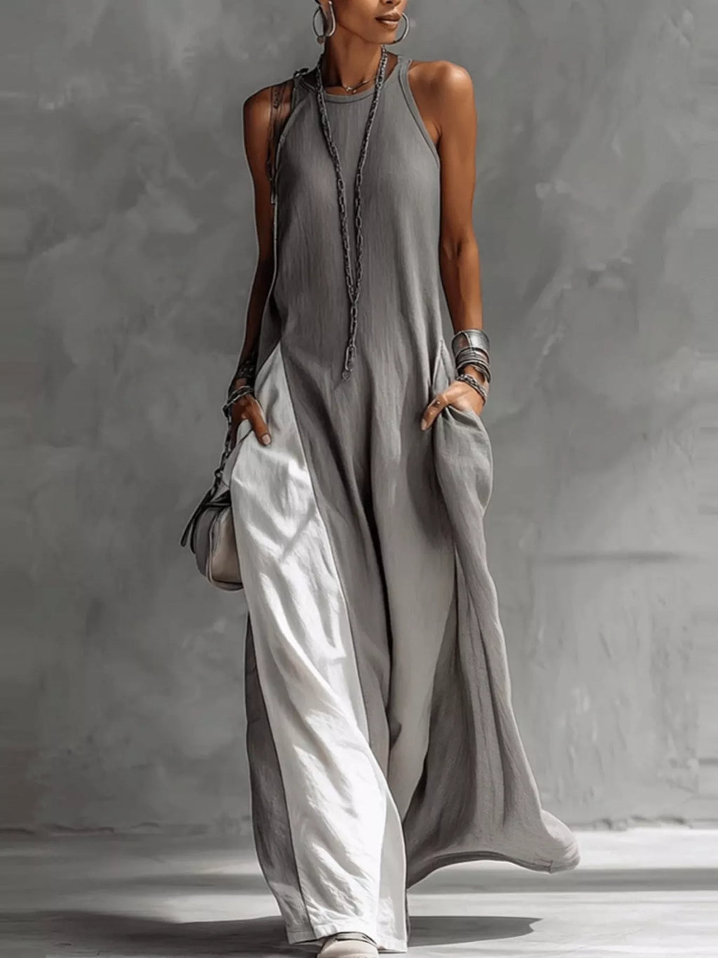 Two-Tone Sleeveless Maxi Dress in gray gradient with flowing silhouette
