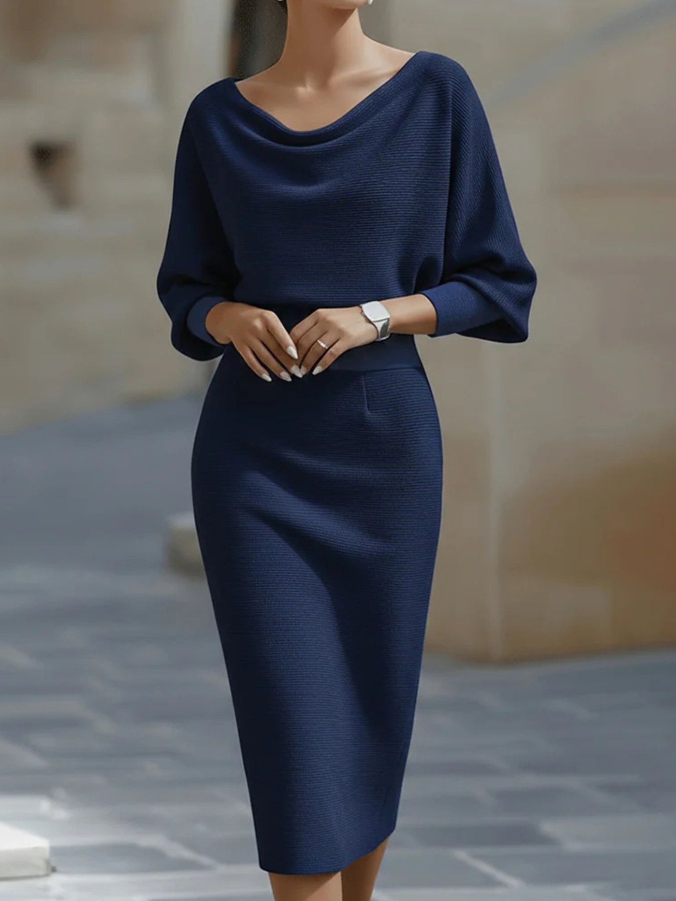 Cowl neck knit bodycon dress in navy blue, knee-length with long sleeves, Belle Bijouix