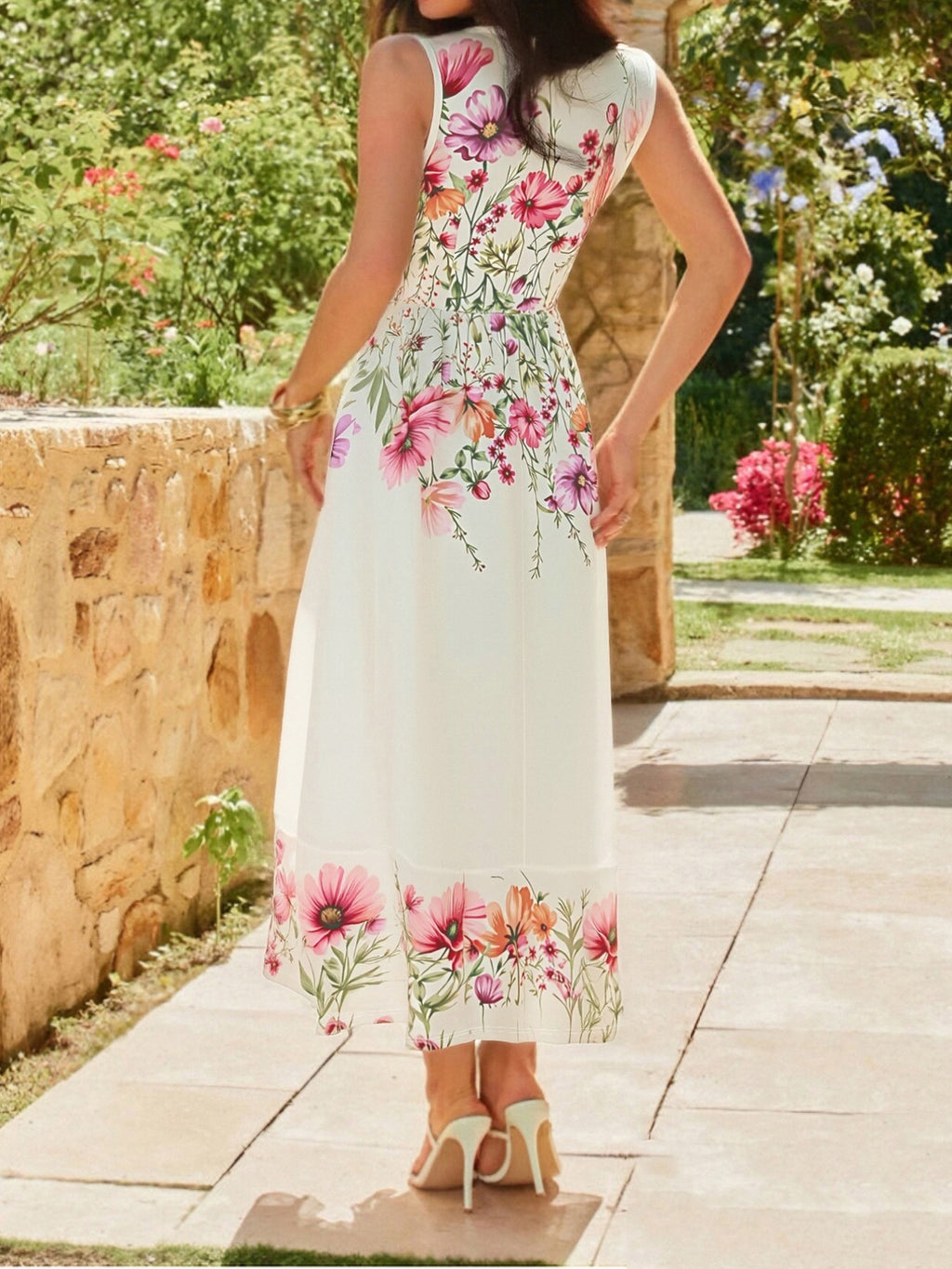 Floral print square-neck dress in white with pink, purple, and orange flowers; knee-length with floral border.