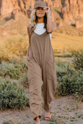 Double Take Full Size V-Neck Sleeveless Jumpsuit with Pockets in taupe