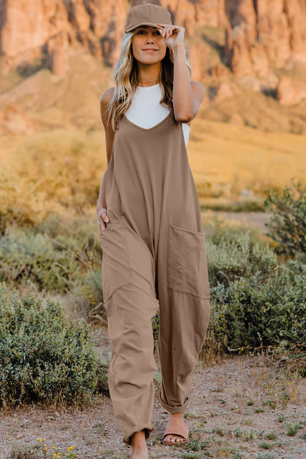 Double Take Full Size V-Neck Sleeveless Jumpsuit with Pockets in taupe