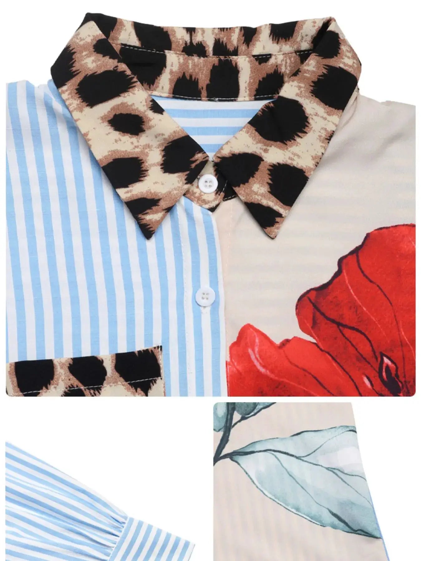 Leopard floral striped casual button-up shirt by Belle Bijouix with pockets