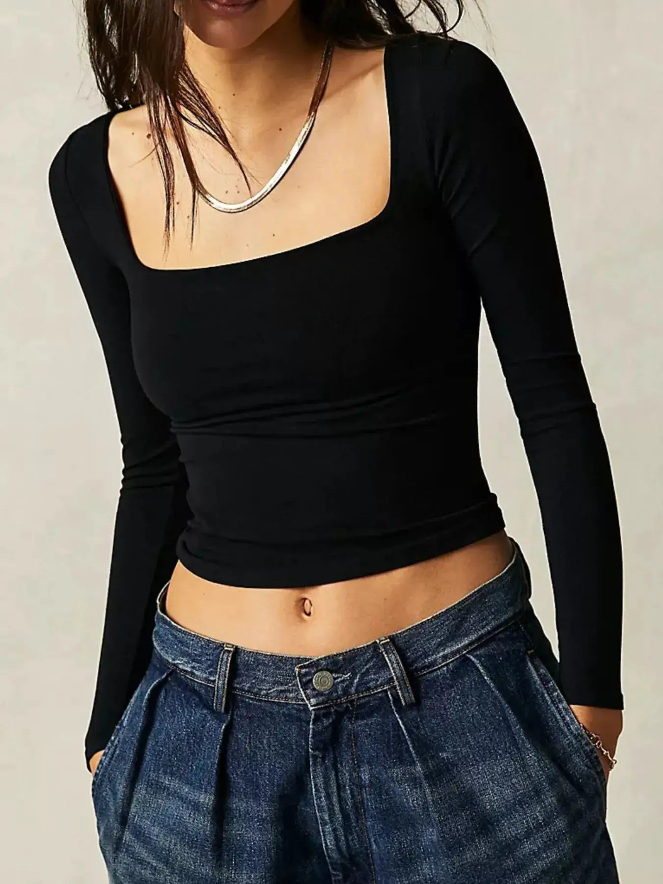 Square Neck Fitted Long Sleeve T-Shirt, black knit top