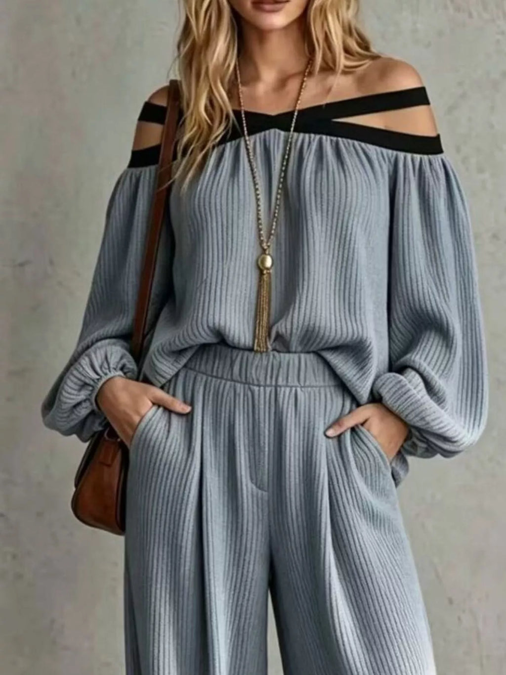 Off-Shoulder Crisscross Top & Wide-Leg Pants Set by Belle Bijouix – view 5 of 12