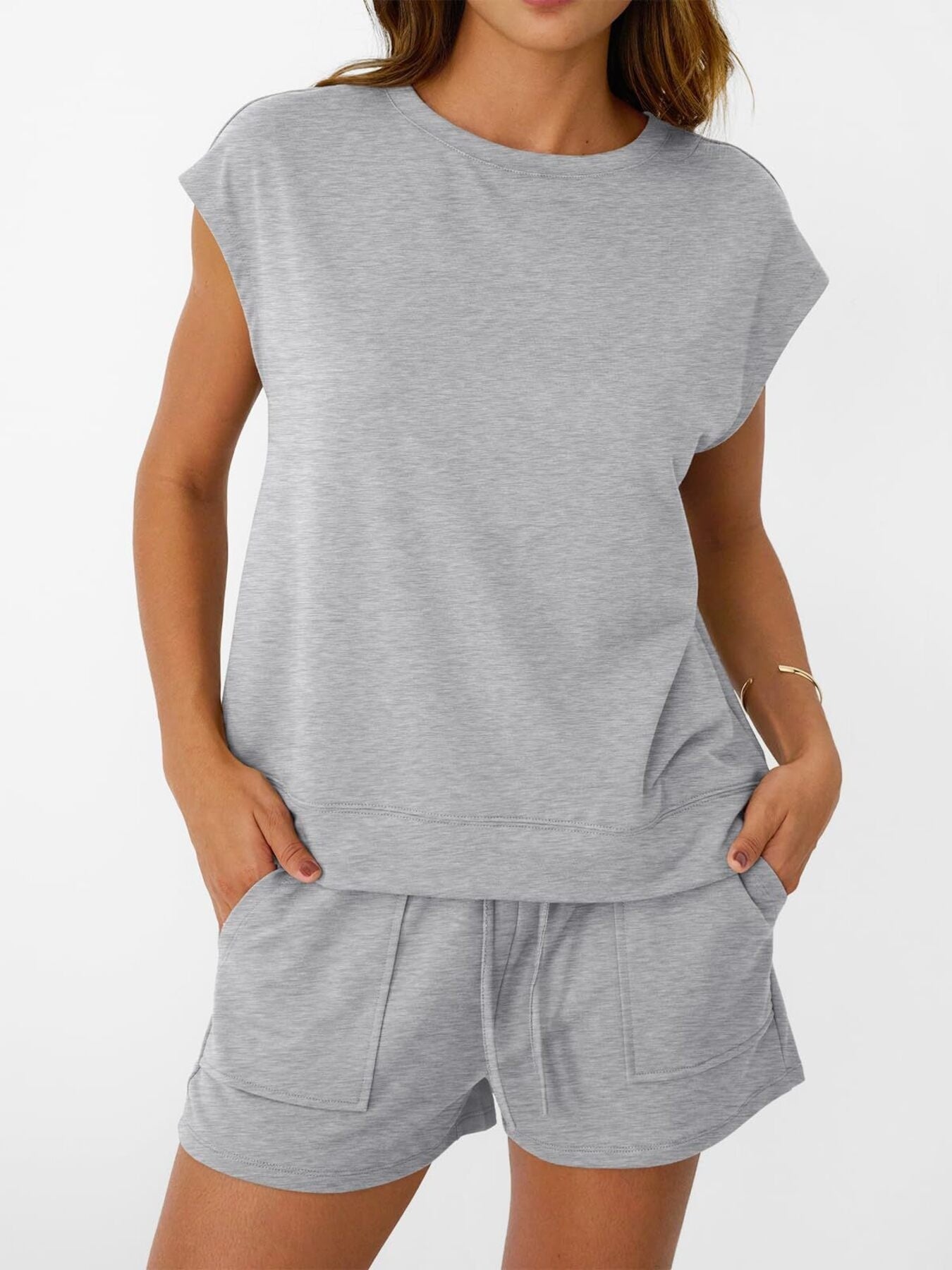 Round neck cap sleeve top and gray shorts set by Trendsi