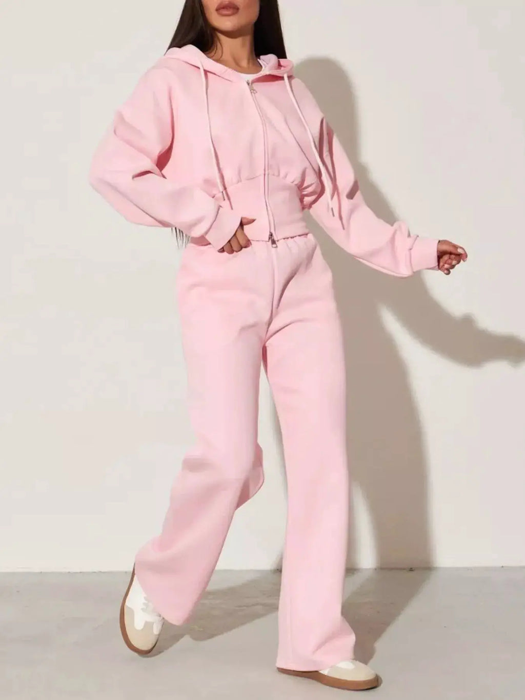 Zip-Up Hoodie & Wide Leg Pants Set, pink loungewear by Belle Bijouix