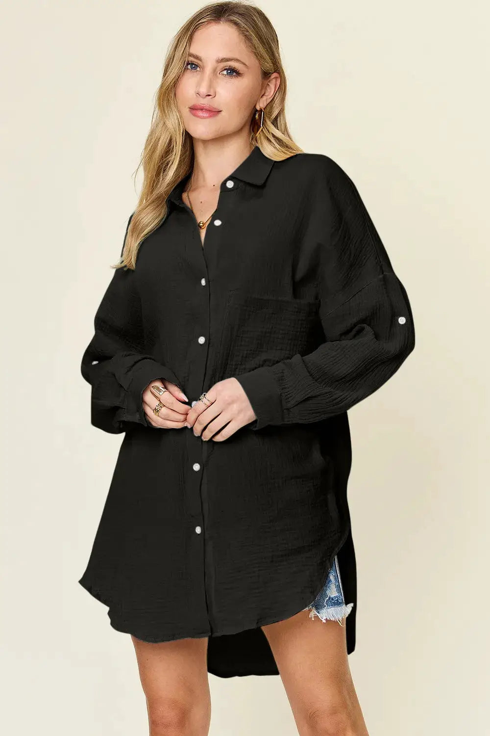 Double Take full-size pocketed texture button-up shirt, black oversized long-sleeve top