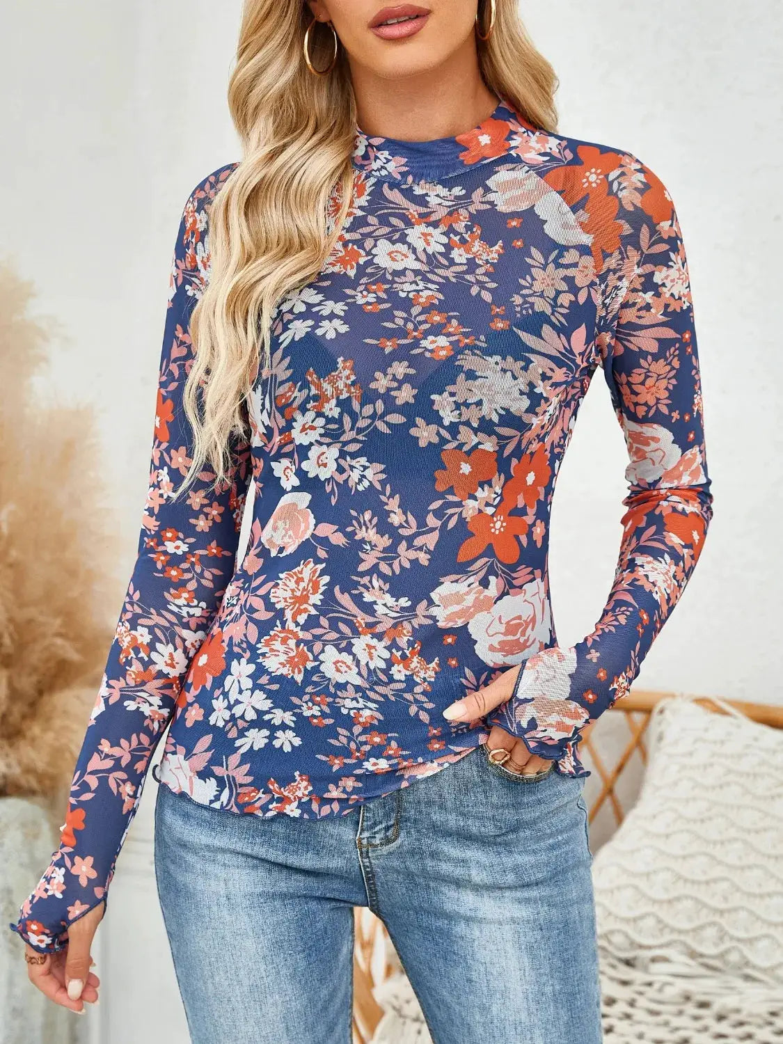 Floral Mock Neck Long Sleeve Top by Belle Bijouix in navy with pink and orange flowers