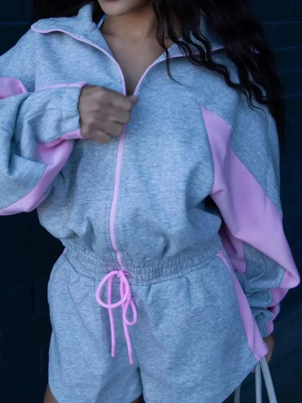 Zip-Up Long Sleeve Top & Shorts Set in heather gray with pink piping and drawstrings; two-piece activewear outfit.
