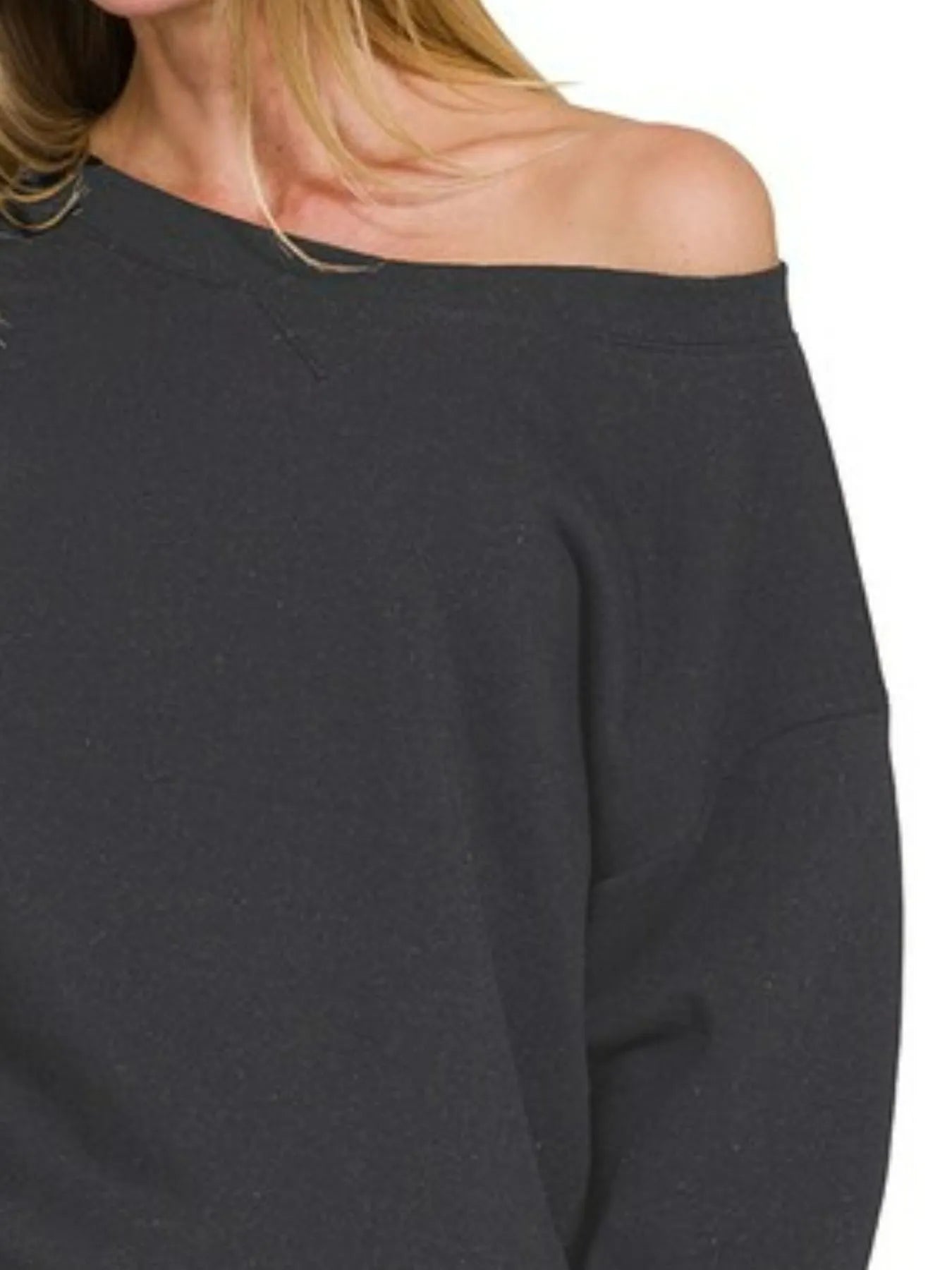 Zenana fleece boat-neck sweatshirt, black off-shoulder lounge top.