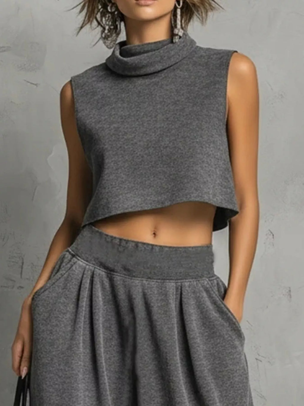 Mock Neck Crop Top & Wide-Leg Sweatpants Set