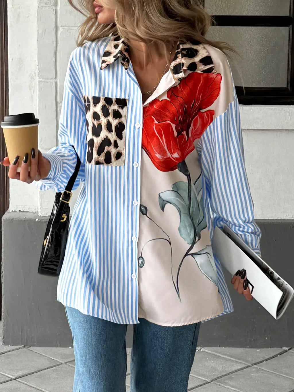 Leopard Floral Striped Button-Up Shirt by Belle Bijouix with blue stripes, leopard pocket and red floral print