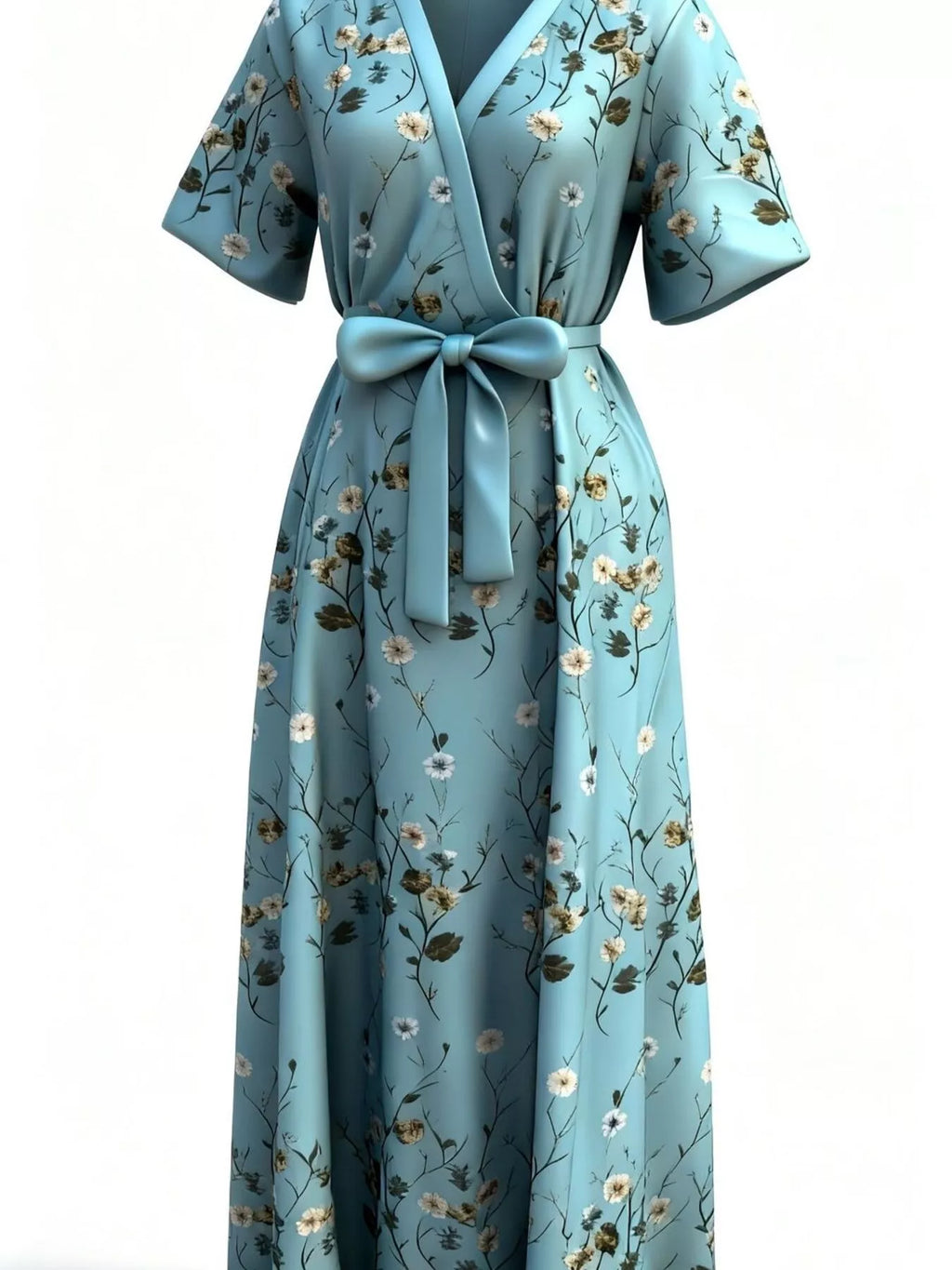 Floral Print Half Sleeve Maxi Dress with Pockets in teal blue with matching belt by Trendsi