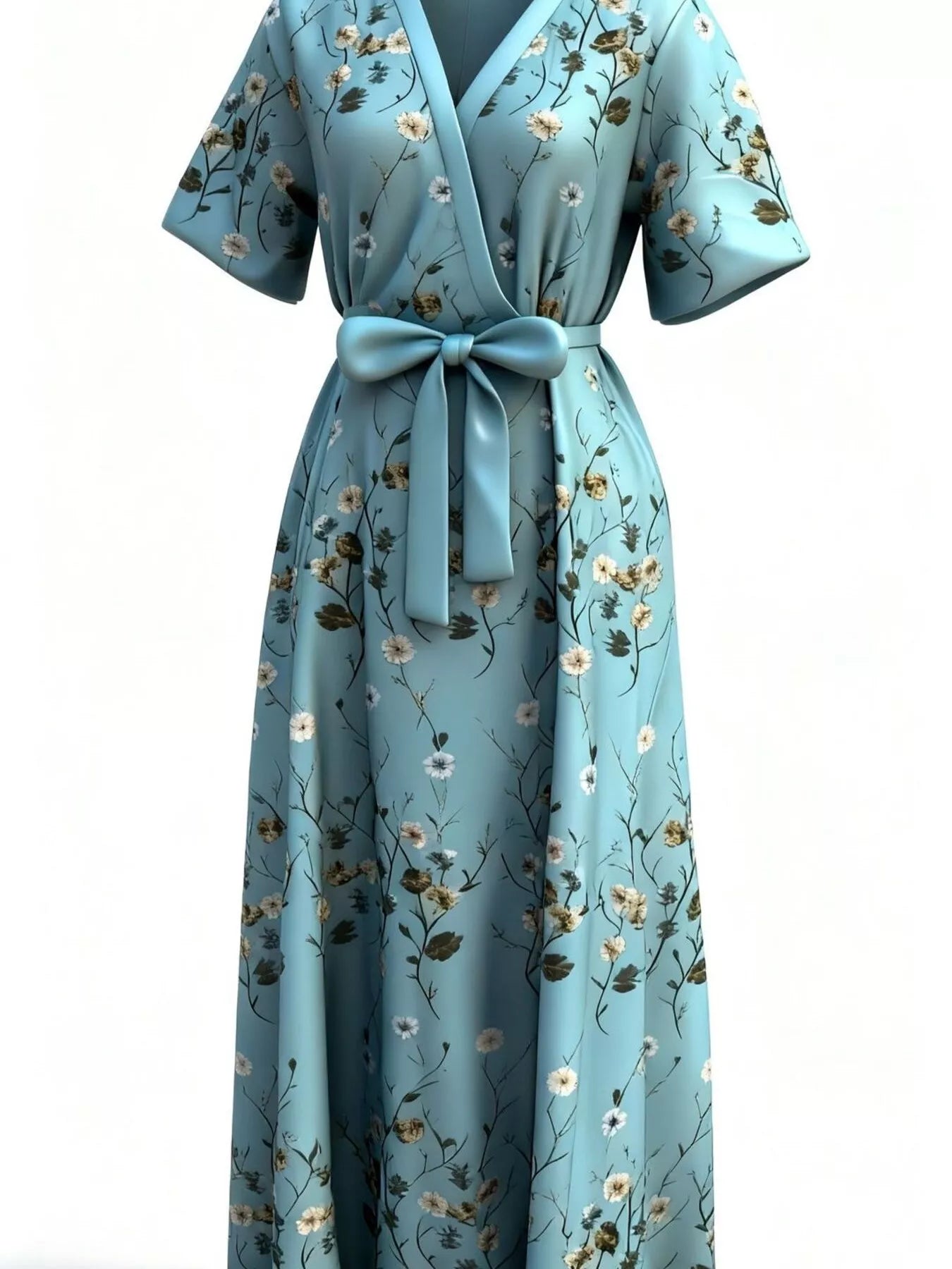 Floral Print Half Sleeve Maxi Dress with Pockets in teal blue with matching belt by Trendsi