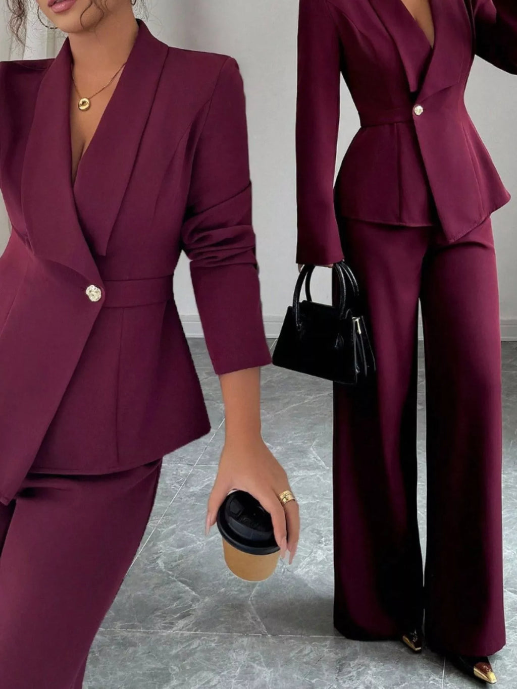 One Button Blazer and Pants Set, burgundy two-piece pocketed pant suit by Belle Bijouix