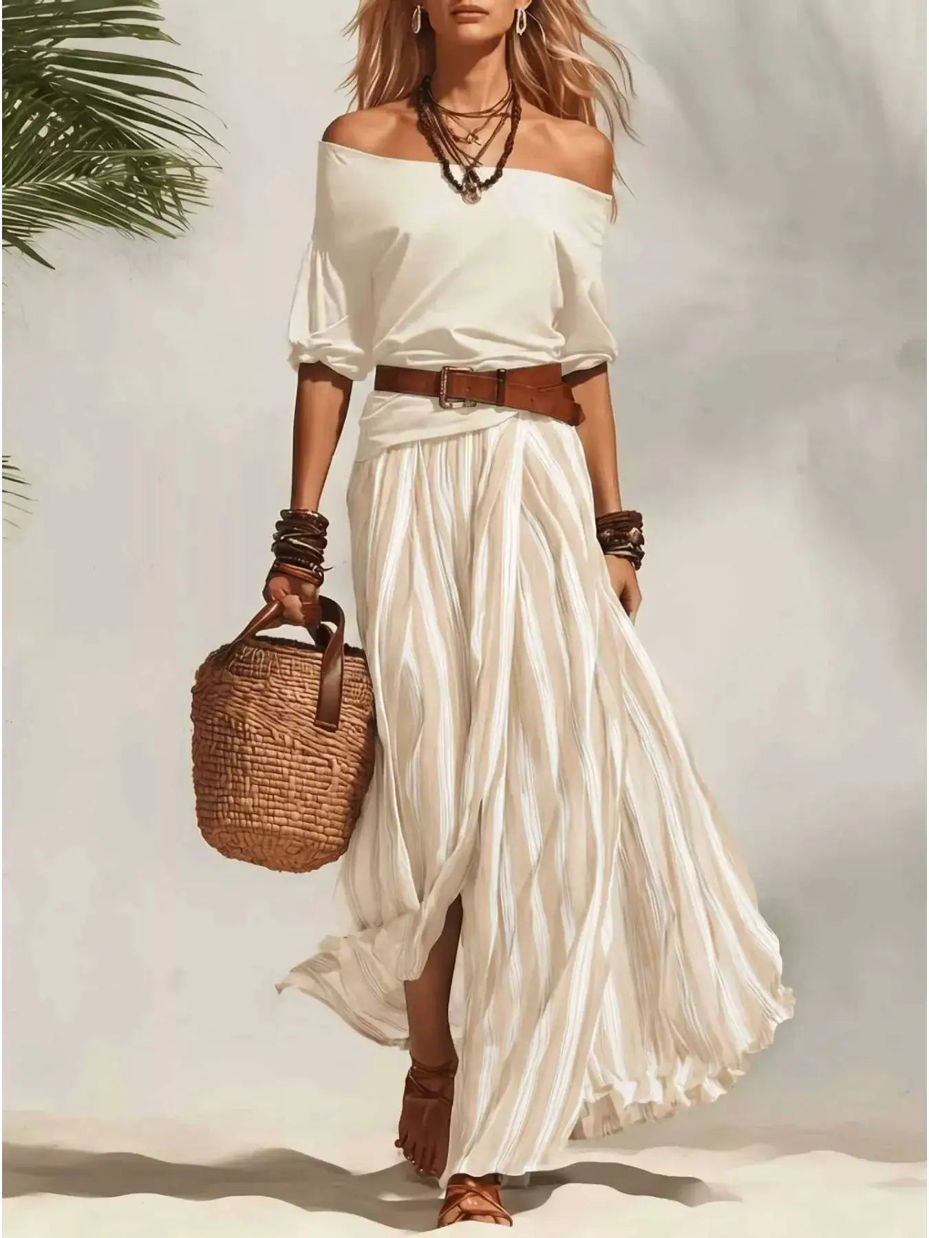 Off-Shoulder Top and Striped Maxi Skirt Set by Belle Bijouix, cream with brown belt; model carries a woven basket bag.