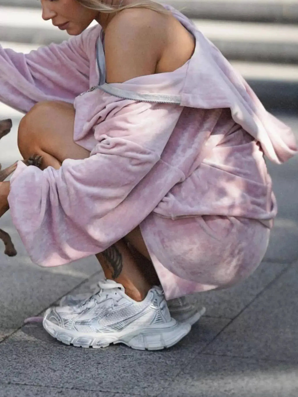 Zip-Up Hoodie & Shorts Activewear Set in pink tie-dye; two-piece workout outfit