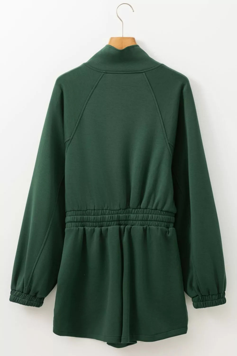 Zip-Up Drawstring Waist Romper in green with elastic waistband and long sleeves