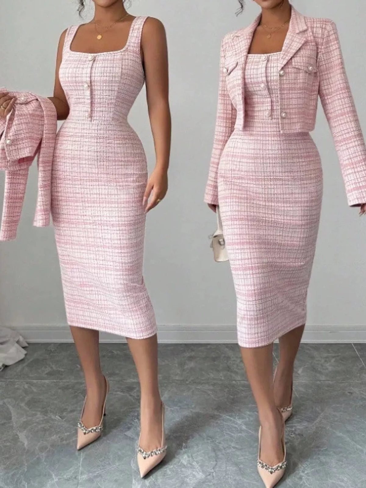 Tweed Square Neck Dress and Cardigan Set in Pink by Belle Bijouix – view 1 of 14