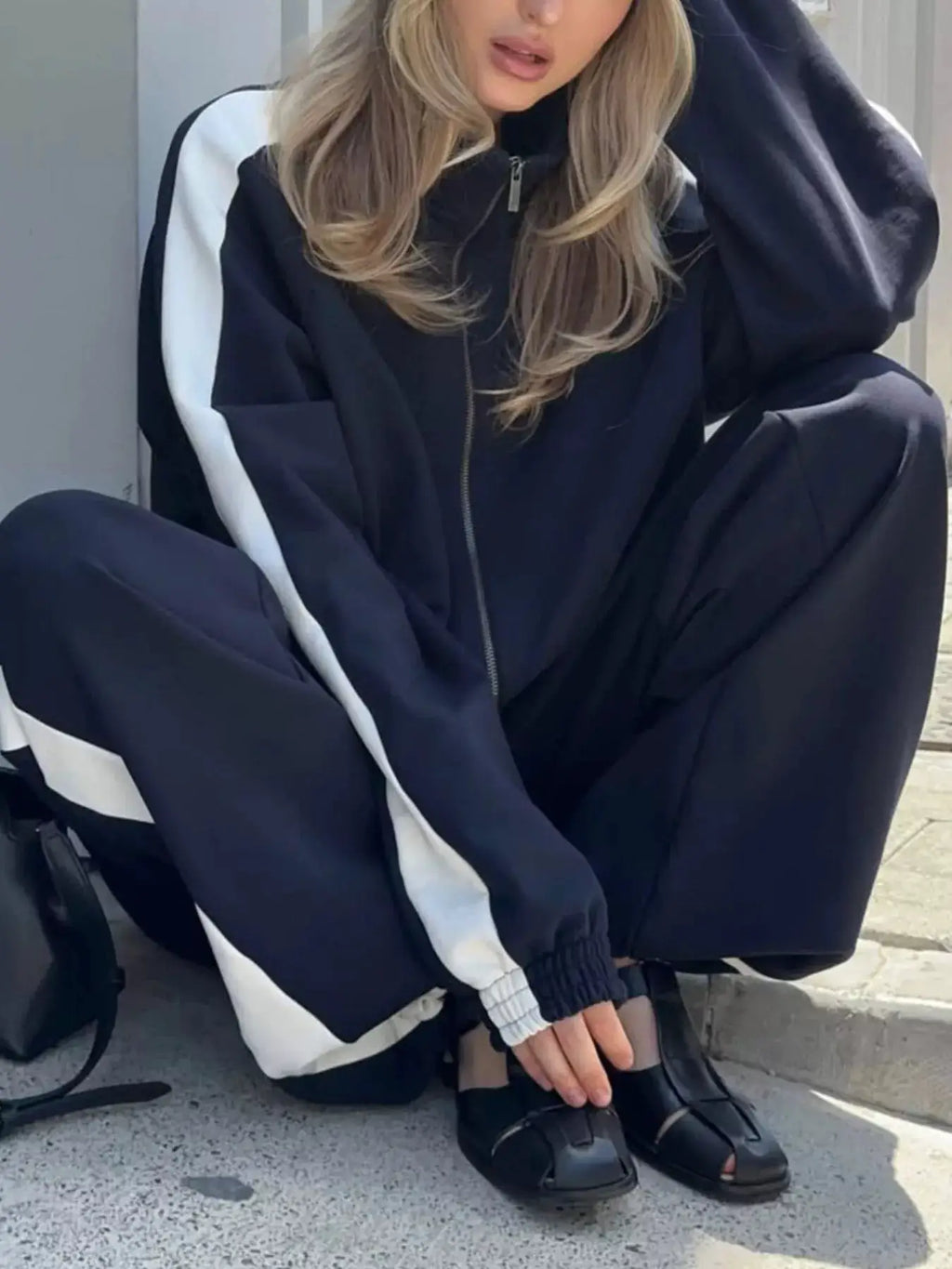 Two-Piece Zip Up Long Sleeve Outerwear And Pants Set in navy with white stripe, activewear jacket and pants