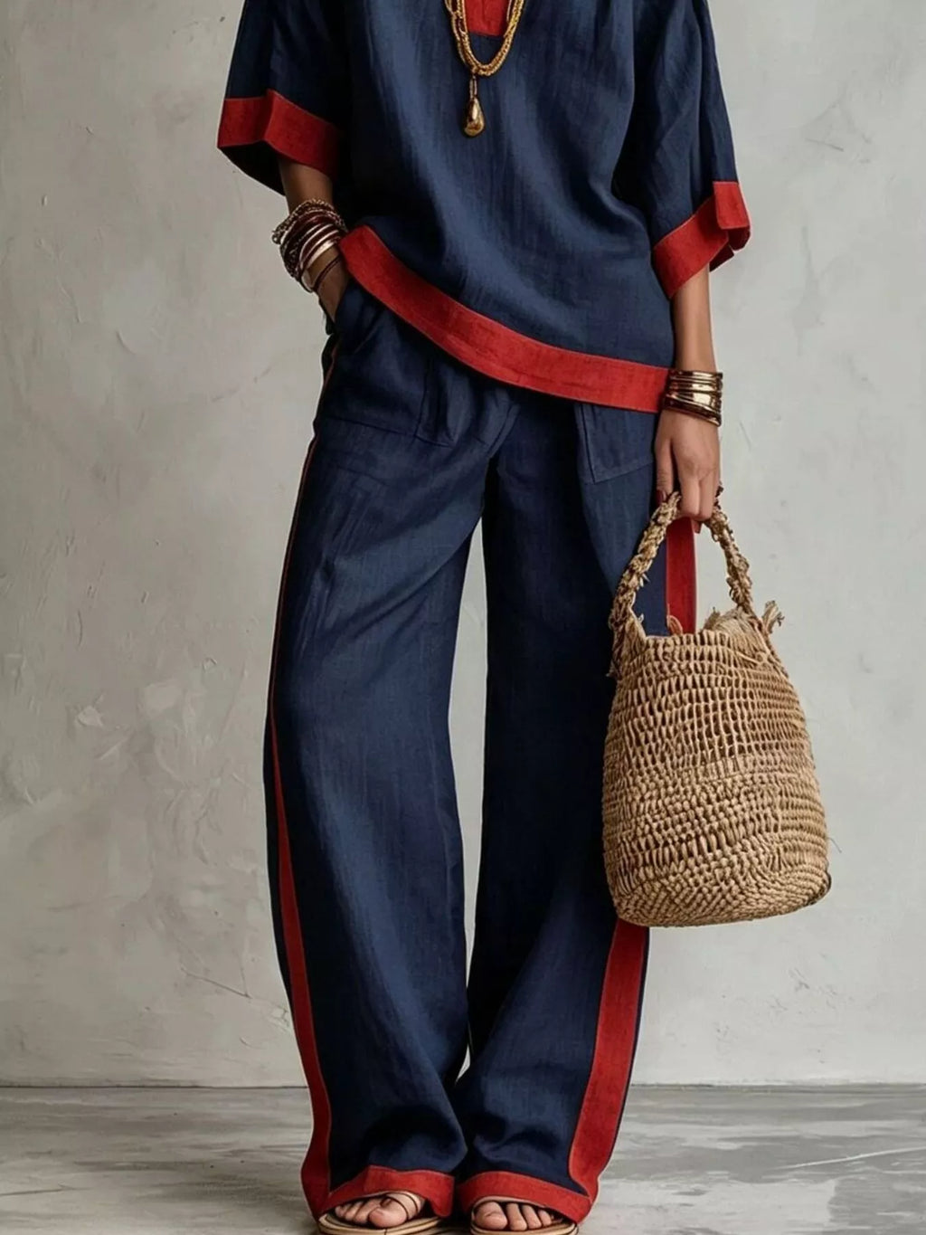 Contrast-Trim Top and Wide-Leg Pants Set