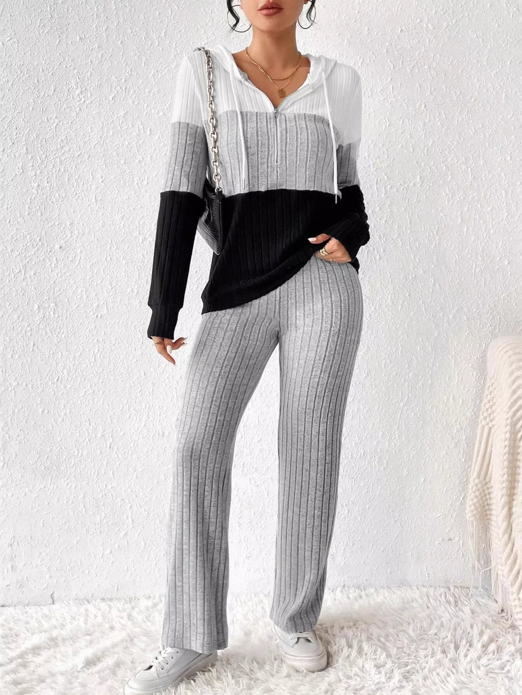 Color Block Half Zip Hooded Top and Pants Set in white, gray, and black; ribbed knit loungewear with drawstring hood.