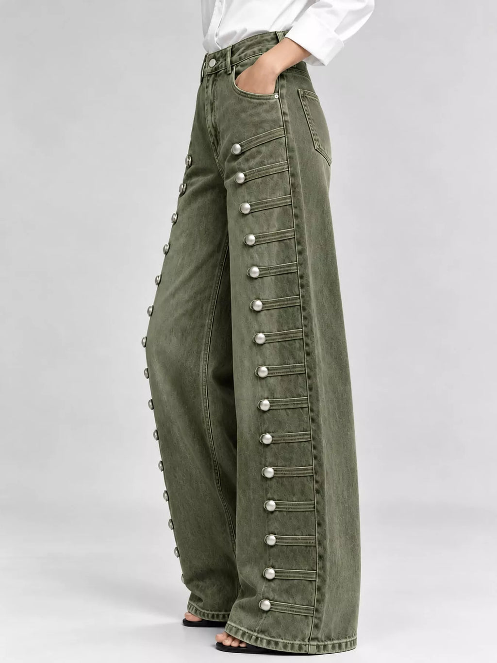 High-Waist Button Detail Wide-Leg Jeans in Green by Belle Bijouix – side view