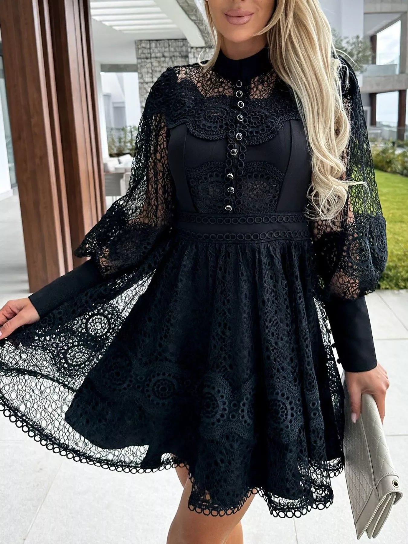 Lace Lantern Sleeve Mini Dress Belle Bijouix, black lace, buttoned front