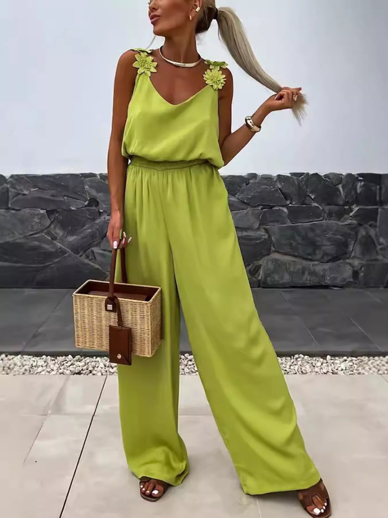 Floral Applique V-Neck Wide-Leg Jumpsuit, lime green, Trendsi