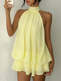 Halter Neck Layered Mini Dress in pale yellow with tiered ruffles for bridal party