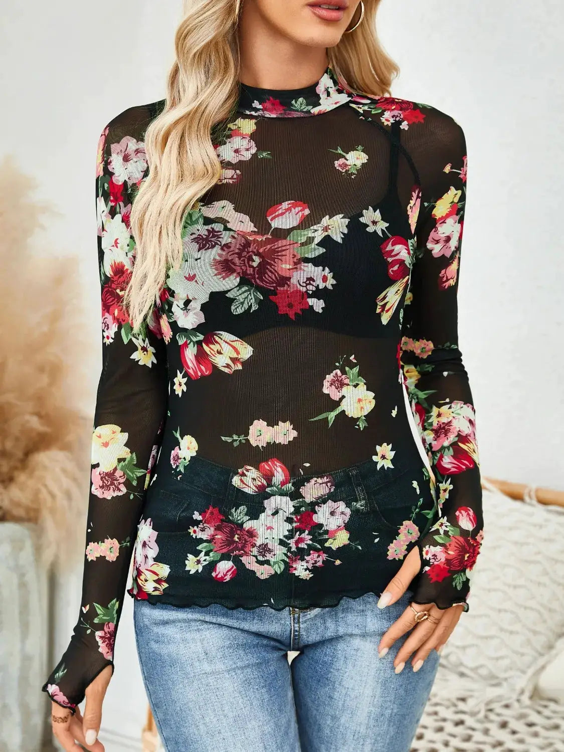 Floral Mock Neck Long Sleeve Top in sheer black mesh with multicolor flower print.