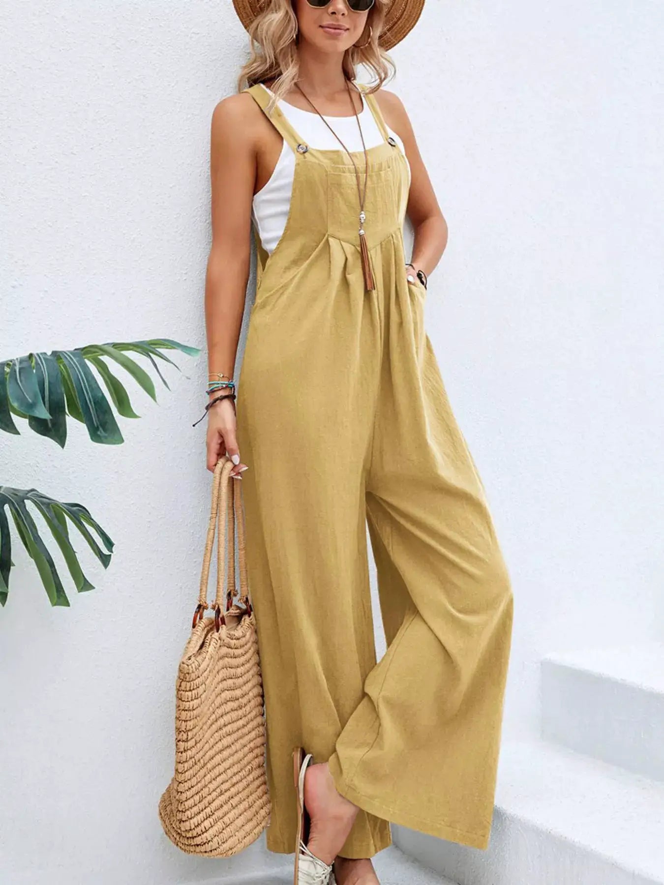 Full Size Casual Wide-Leg Overalls with Pockets Plus Size by Belle Bijouix in mustard.
