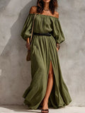 Boho Off-Shoulder Maxi Dress with Side Slit in Moss by Belle Bijouix – view 1 of 9