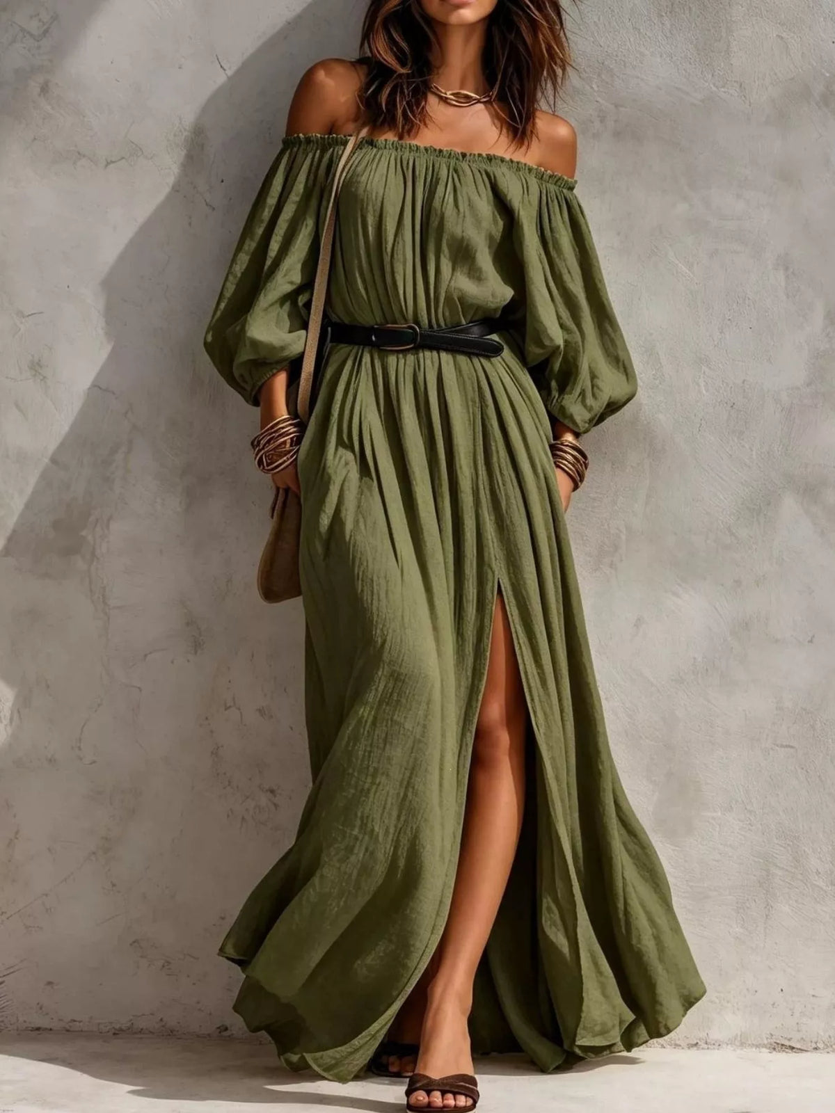 Boho Off-Shoulder Maxi Dress with Side Slit in Moss by Belle Bijouix – view 1 of 9