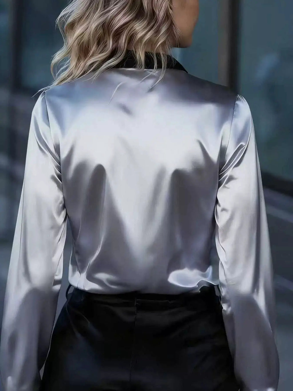 Button Up Long Sleeve Shirt by Belle Bijouix in silver satin with black collar.