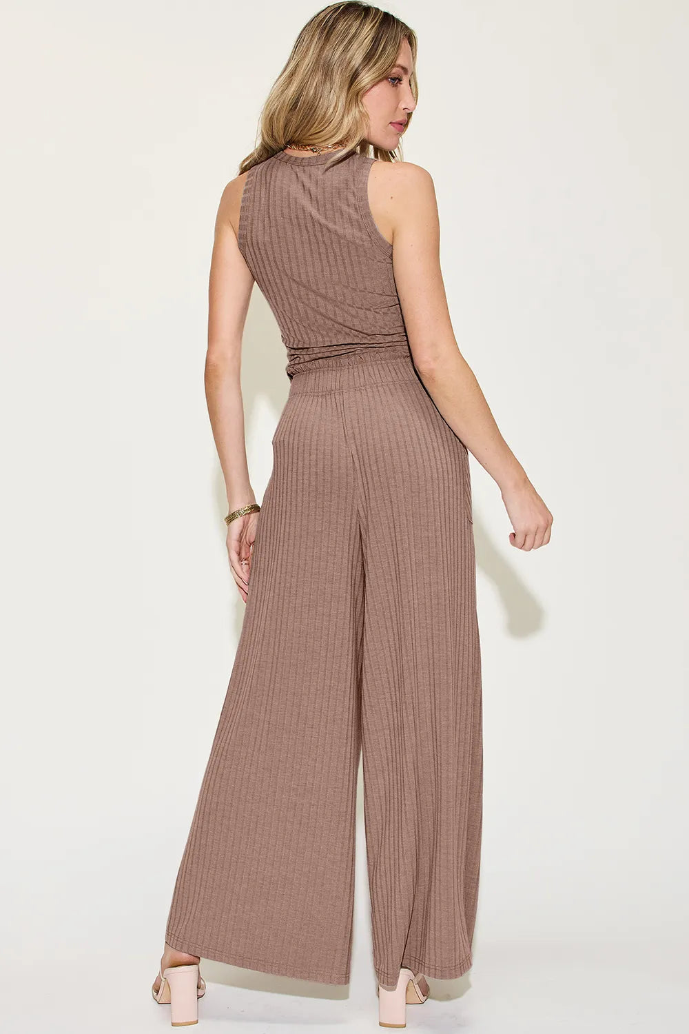 Basic Bae full-size ribbed tank and wide-leg pants set in taupe, Belle Bijouix outfit set