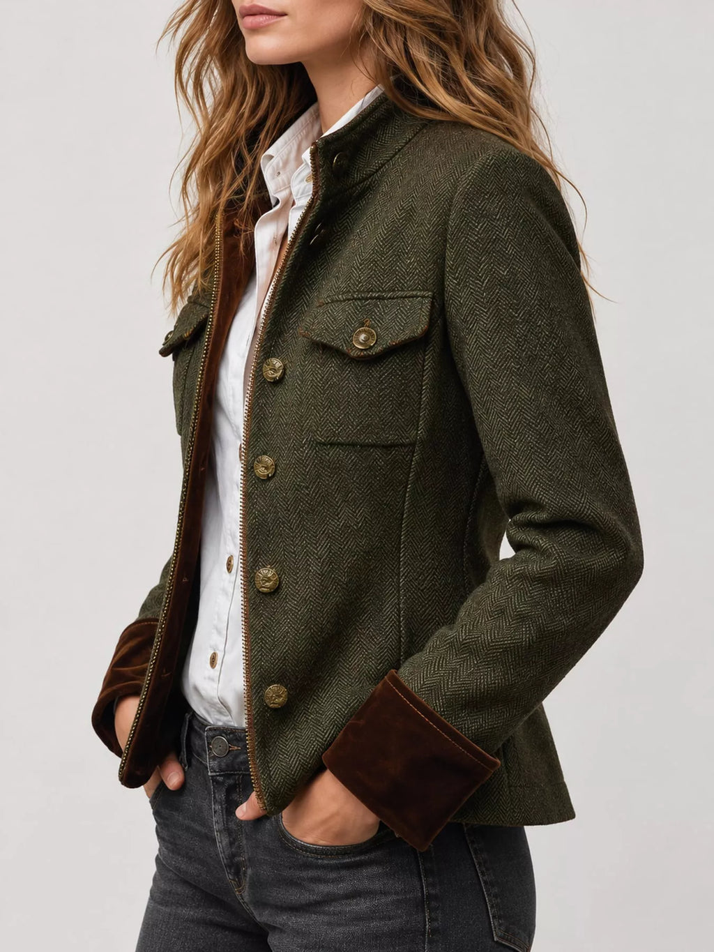 Herringbone Tweed Blazer with Velvet Cuffs in Army Green by Belle Bijouix – view 5 of 10