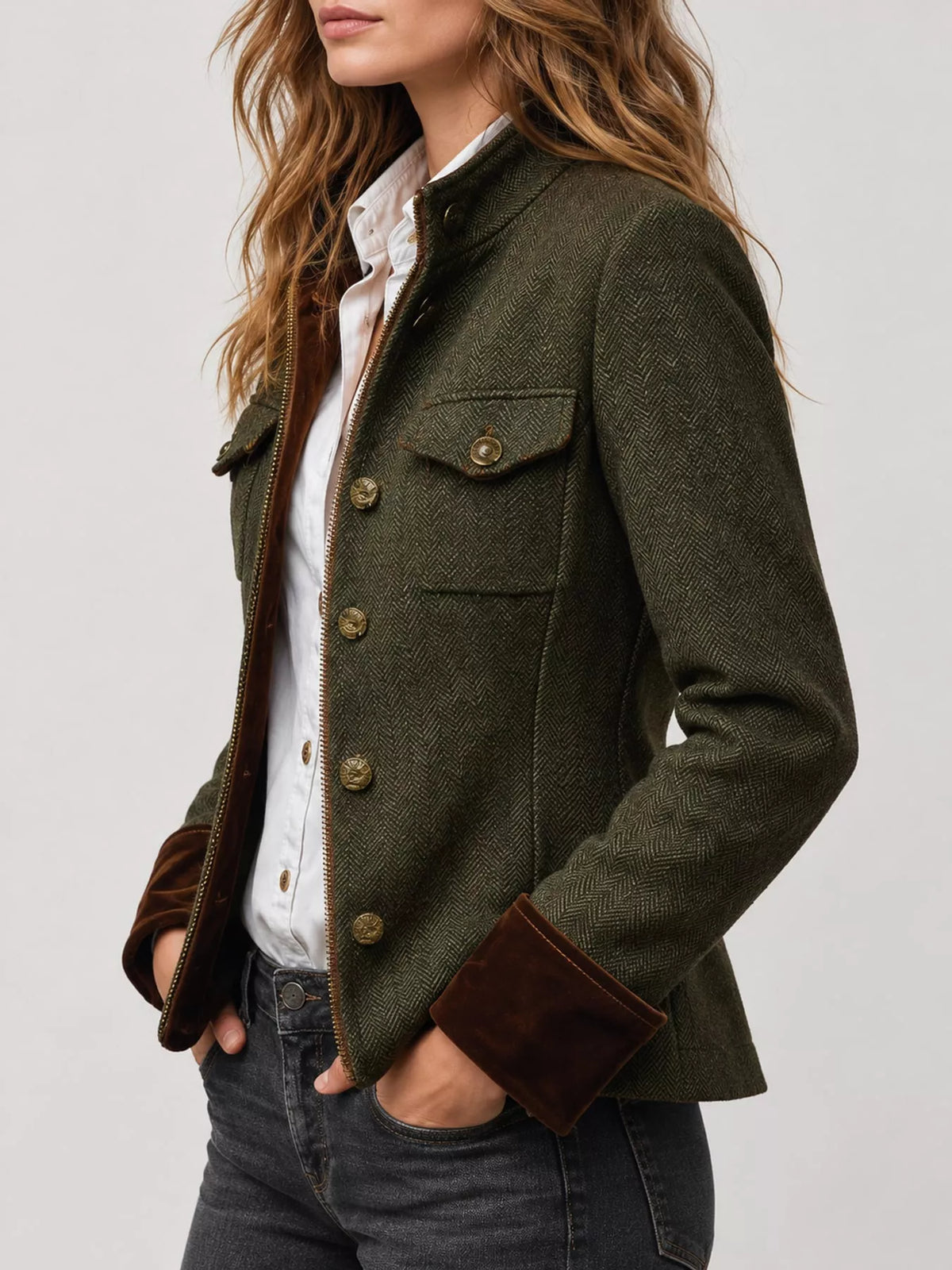 Herringbone Tweed Blazer with Velvet Cuffs in Army Green by Belle Bijouix – view 5 of 10
